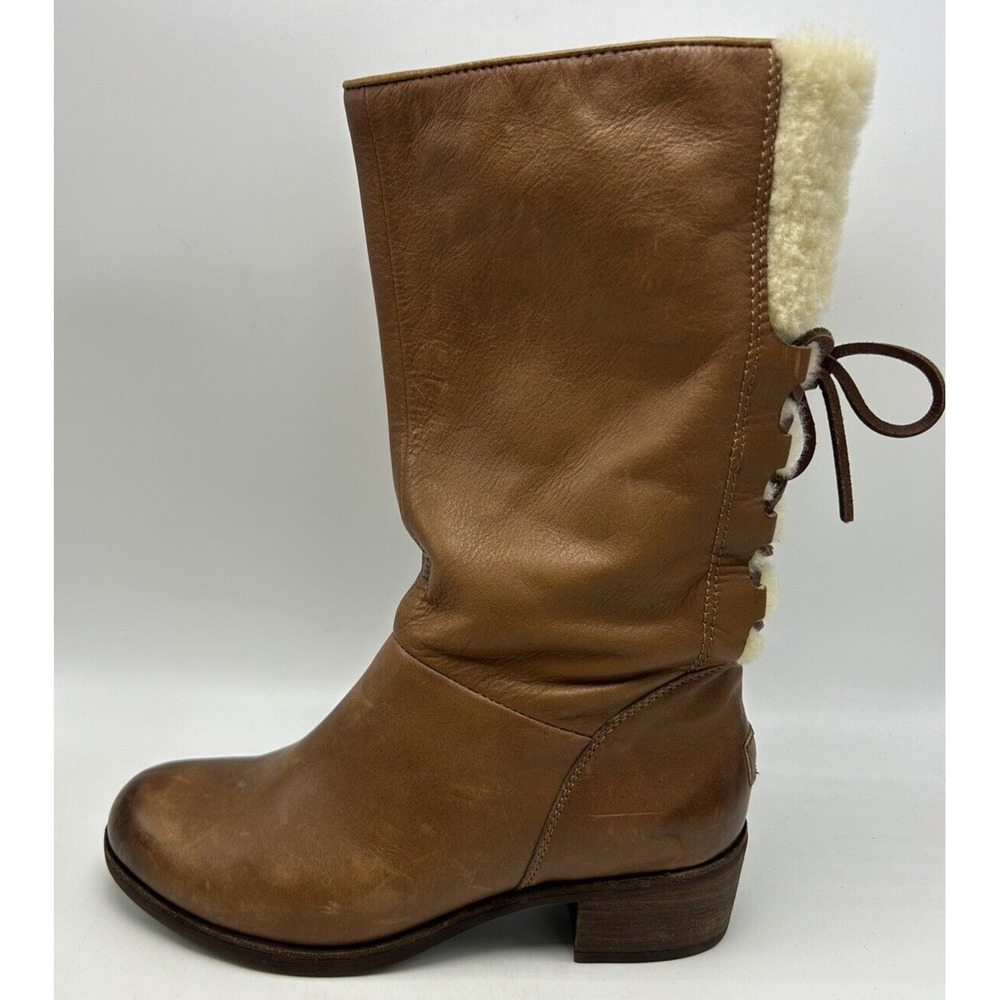 UGG Boots Womens 7 Brown Cary Wool Leather Mid Calf Pull On Block Heel Read